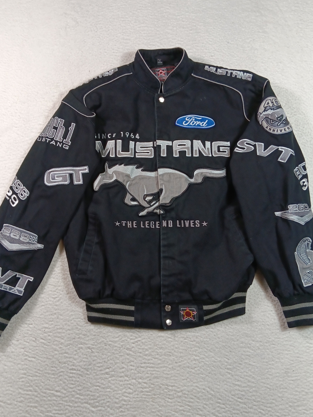 Vtg JH Design Ford Mustang Racing Jacket Mens Small Black Embroidered SVT Cobra
